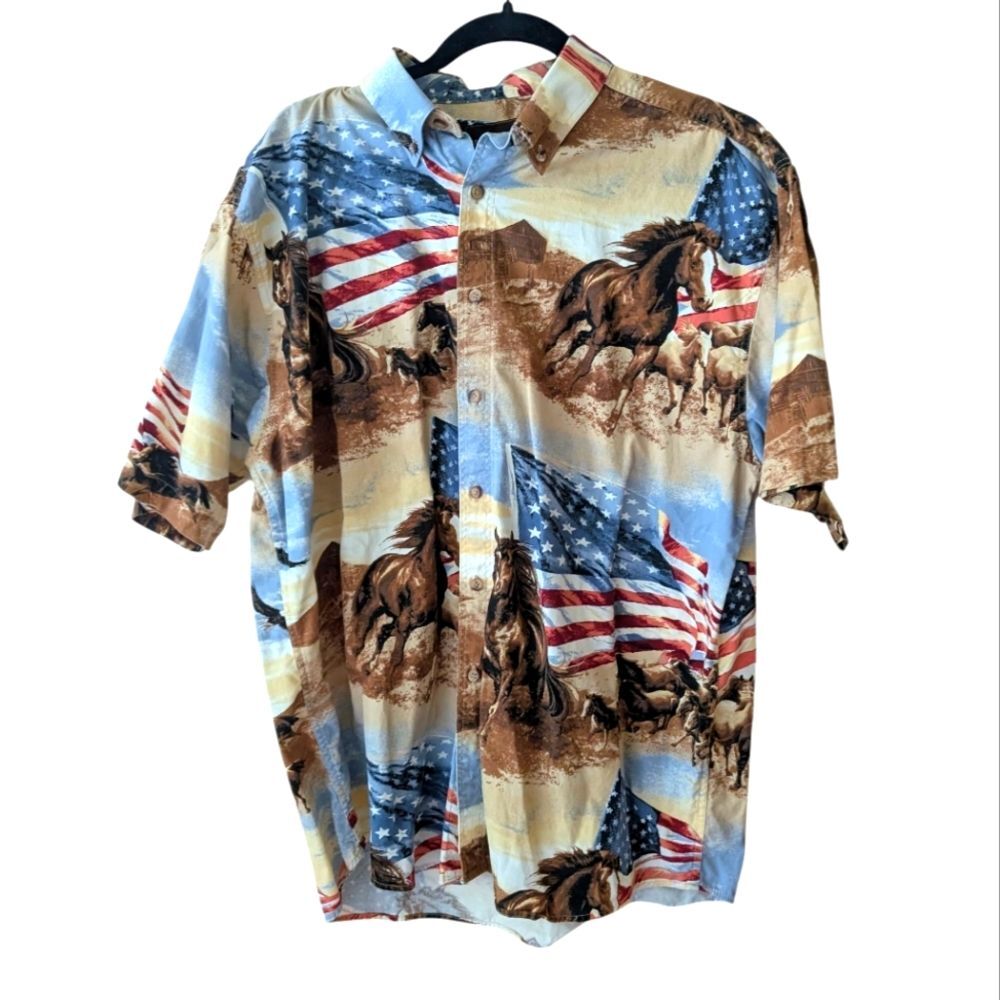 Bit & Bridle Horse Flag Western America Short Sleeve Button Down Size Large - Picture 2 of 7